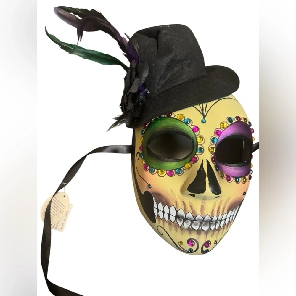 MARDI GRAS Day of the Dead Full Face Mask Top Hat Colorful Tie Back Adult